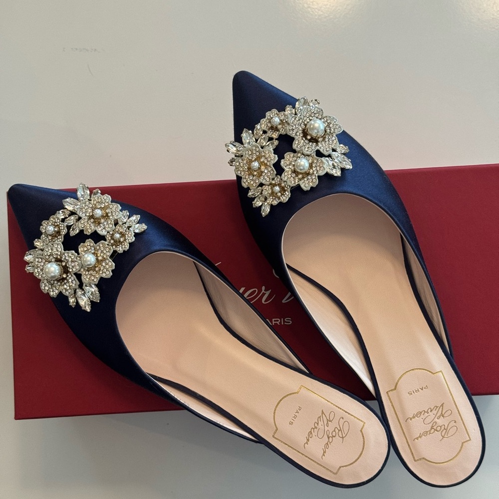 [LIKE NEW] Roger Vivier Navy Satin Flats with Floral Pearl Embellishments
